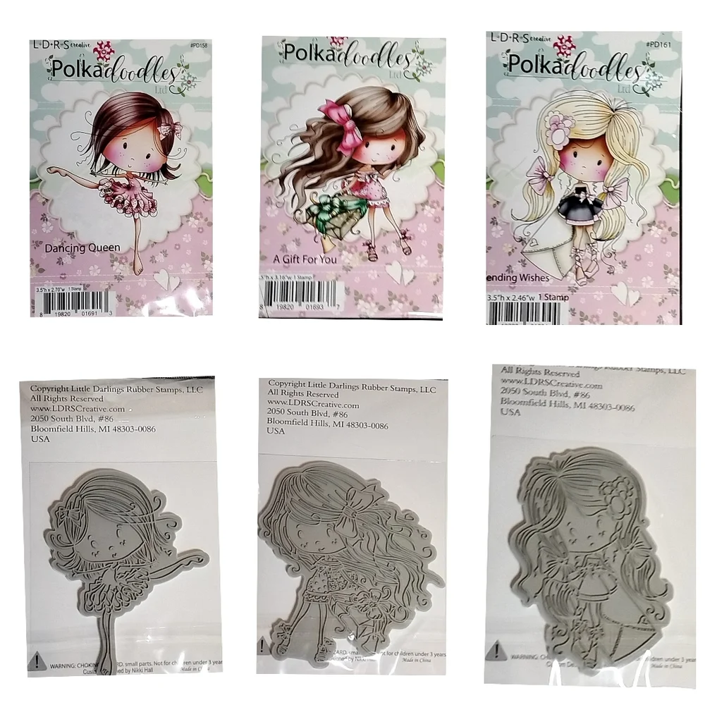 L•D•S•R Polkadoodles Rubber Stamps 3-Pc Collection Set NWT.